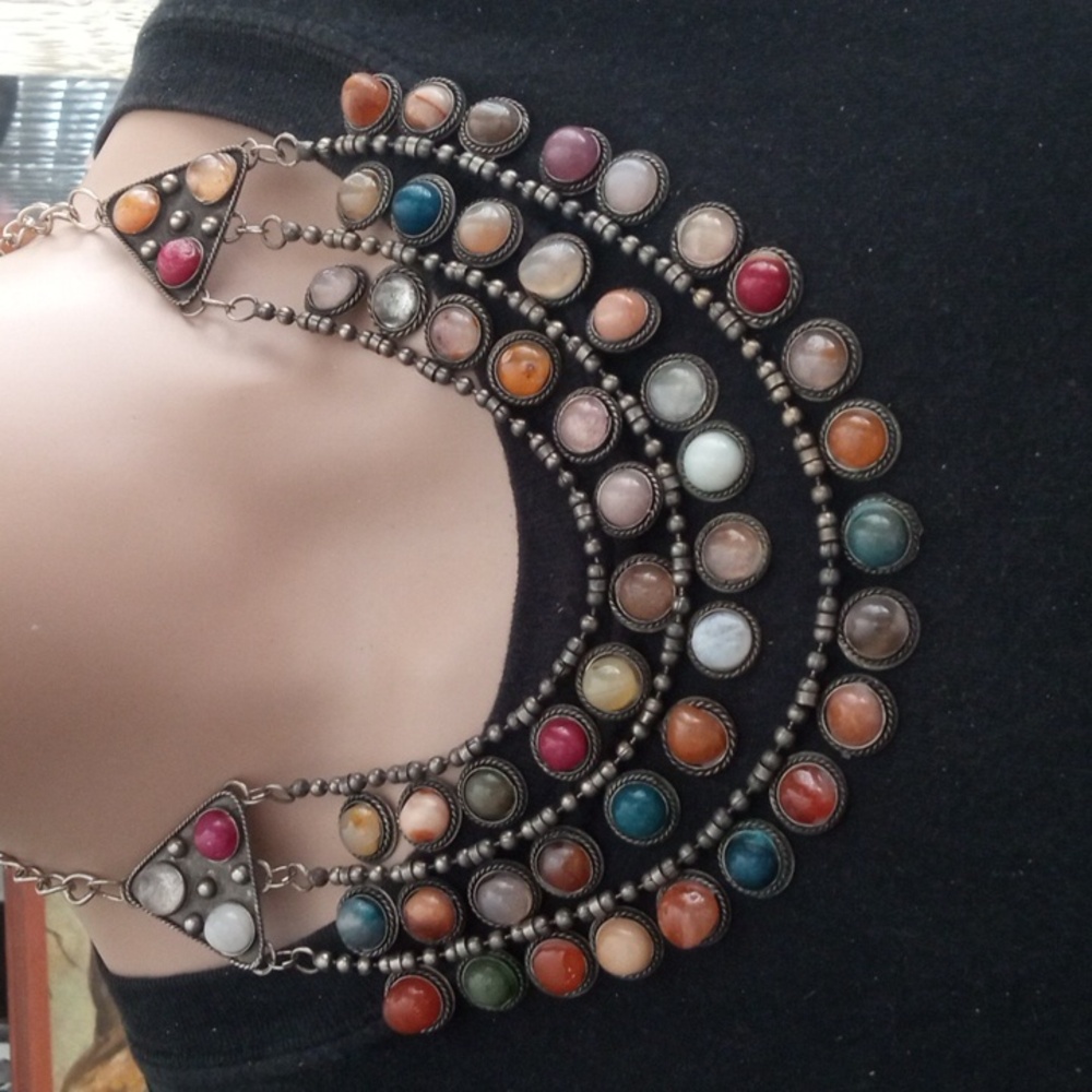 Multicolor Beaded Statement Necklace 17.5 In Vintage
